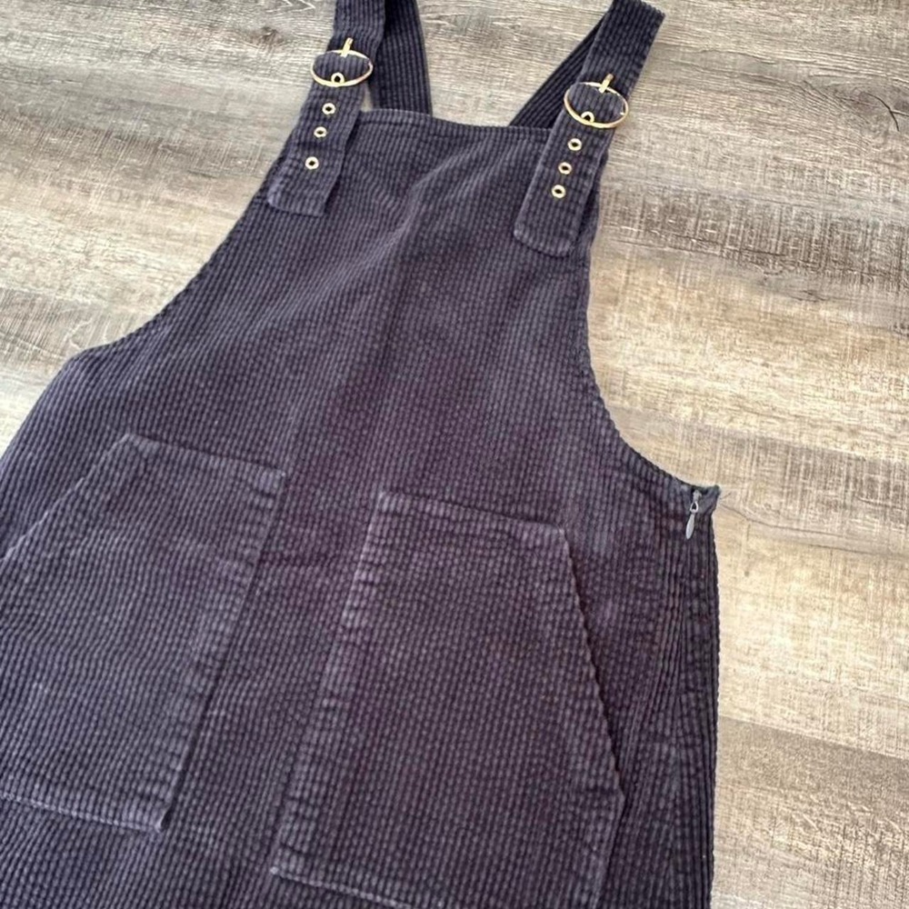 Forever 21 Navy Corduroy Pinafore Overall Dress Gold Buckle Pockets Women Medium